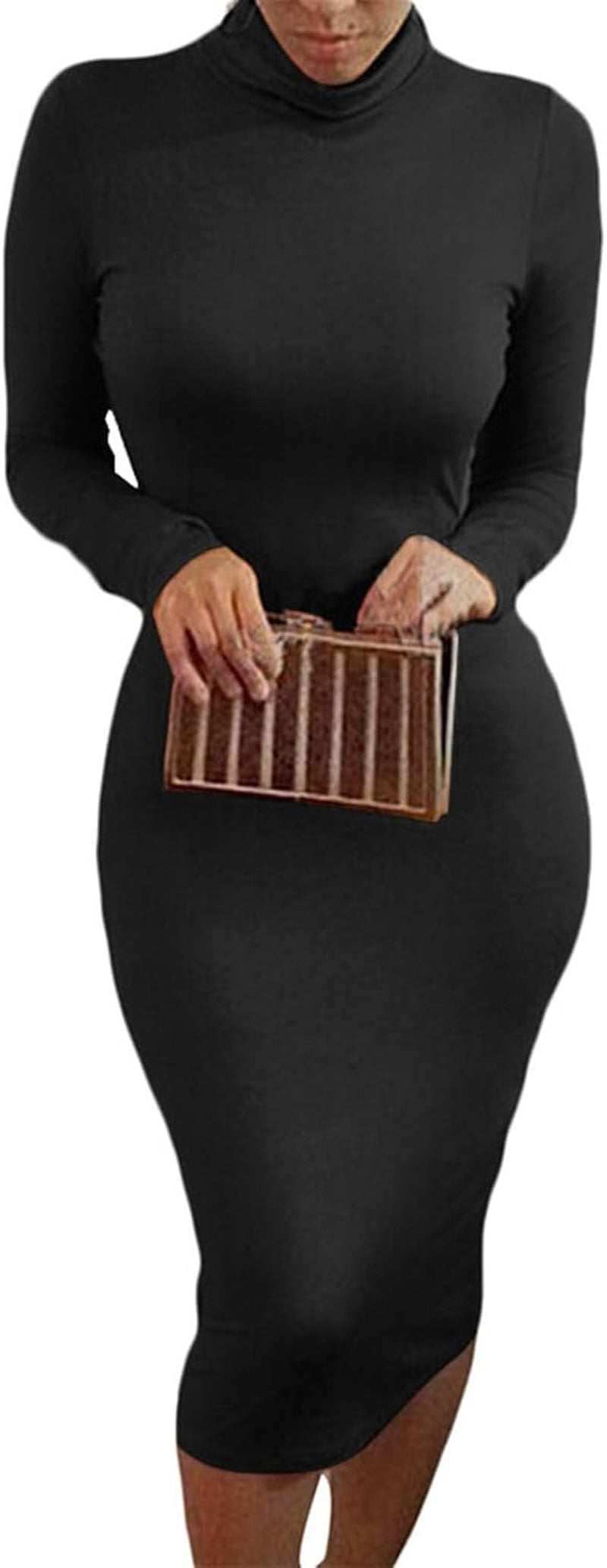 Womens Sexy Fall Knit Dress High Neck Long Sleeve Bodycon Midi Winter Dresses