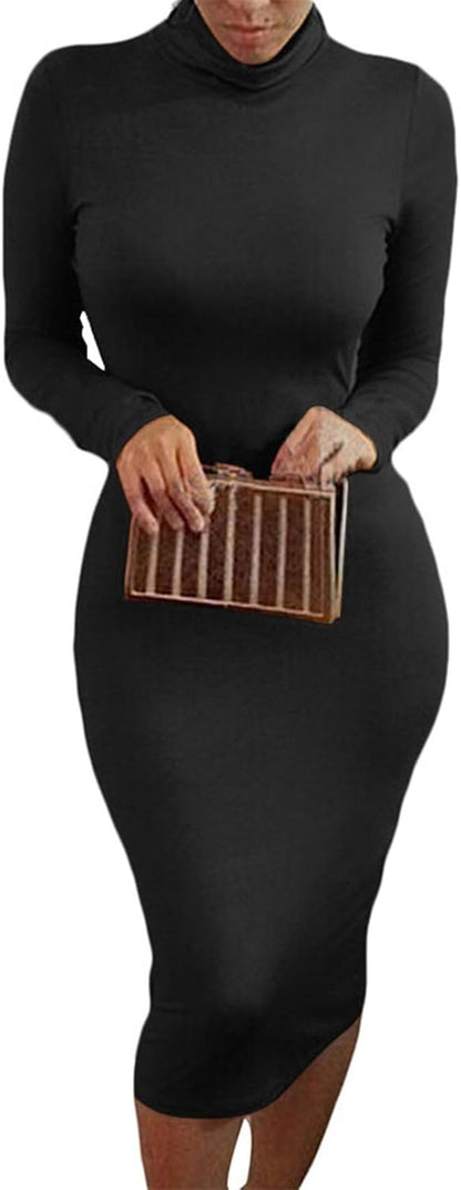 Womens Sexy Fall Knit Dress High Neck Long Sleeve Bodycon Midi Winter Dresses
