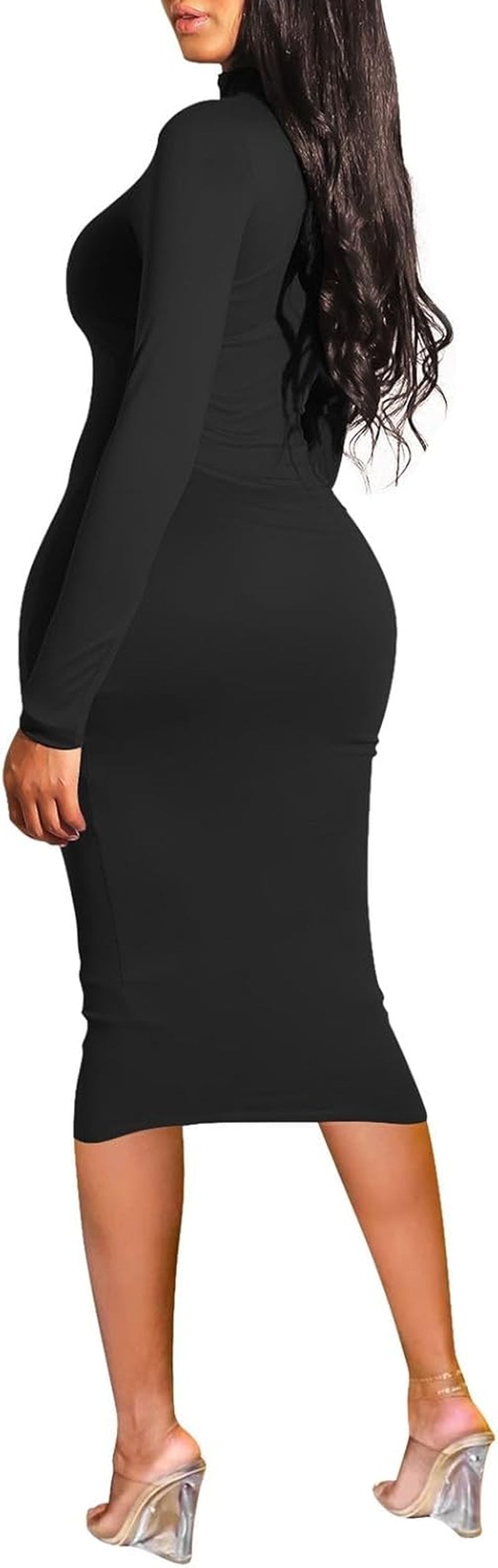 Womens Sexy Fall Knit Dress High Neck Long Sleeve Bodycon Midi Winter Dresses