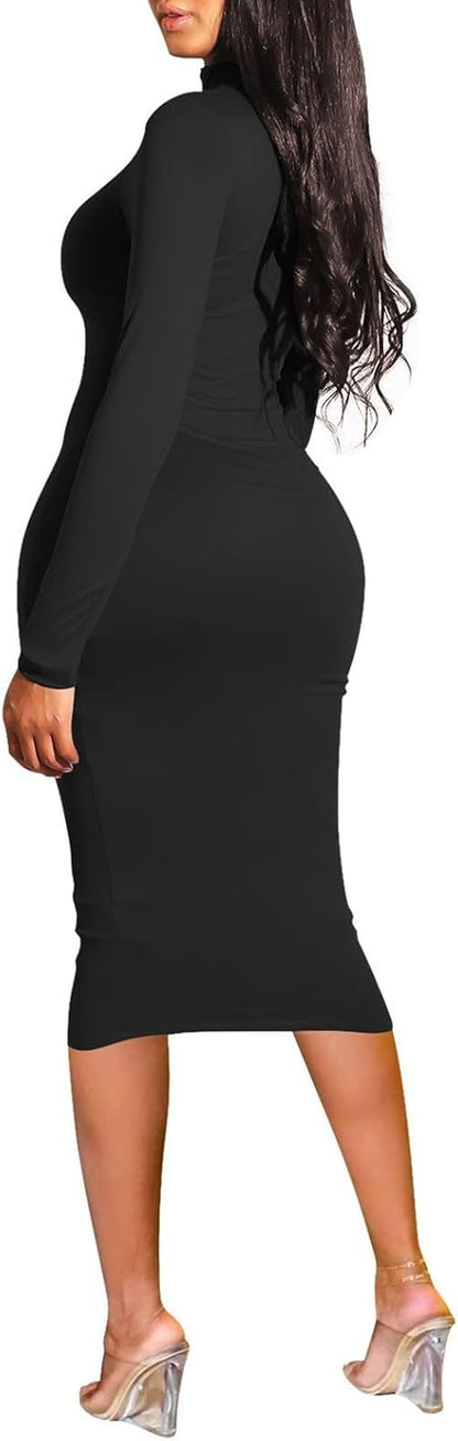 Womens Sexy Fall Knit Dress High Neck Long Sleeve Bodycon Midi Winter Dresses