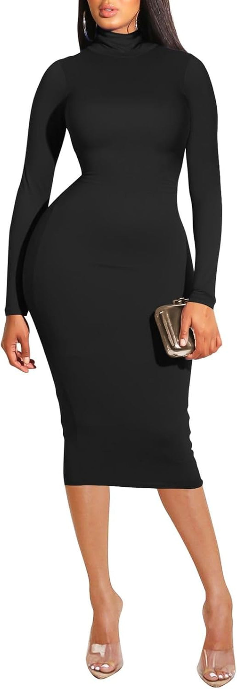 Womens Sexy Fall Knit Dress High Neck Long Sleeve Bodycon Midi Winter Dresses